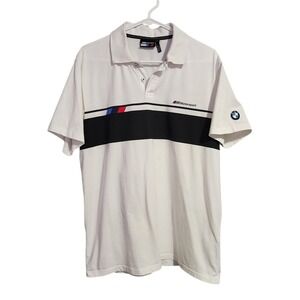 BMW Motorsport Polo Shirt White Logo Racing Stripe Short Sleeve Men's L